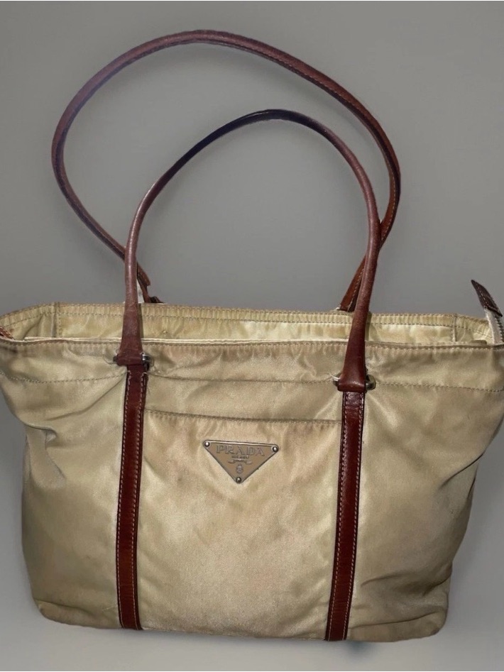 Vintage Prada Tessuto Nylon Tote Bag In Beige With Brown Leather Handles